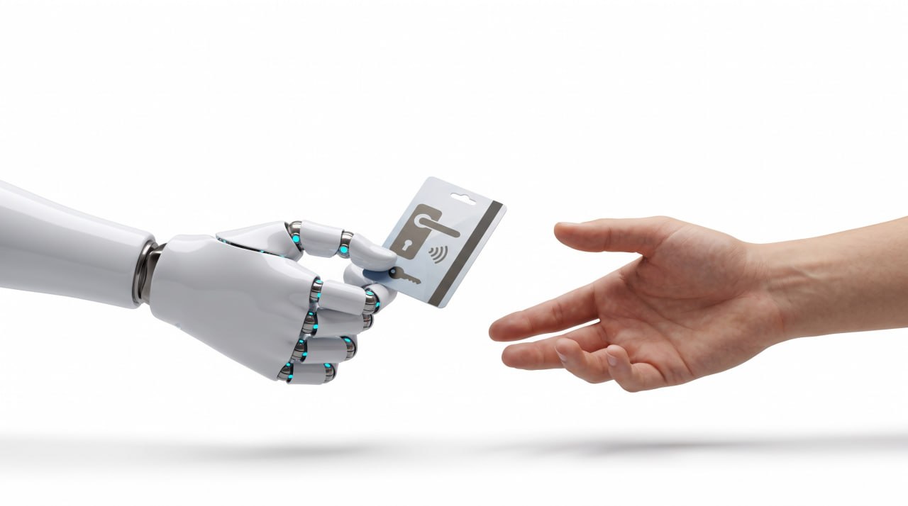 AI hospitality agent handing a guest their room key, 24/7 bookings